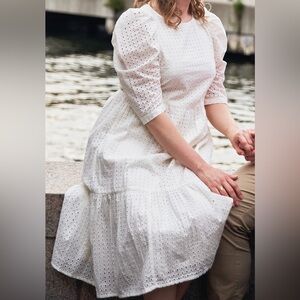 A New Day Eyelet Puff Sleeve Tiered Midi Dress